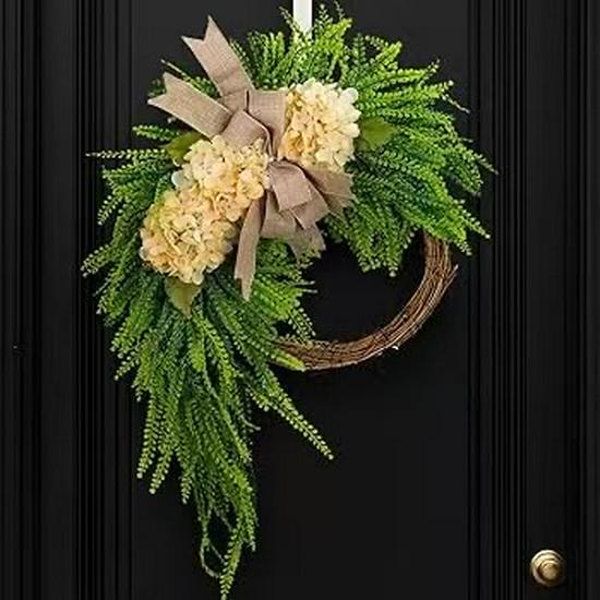 Retro Red Hydrangea & Black Bow Wicker Wreath for Front Door Holiday Decor