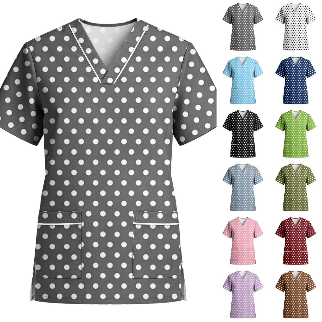 Women's Stretch Quick-Dry V-Neck Short Sleeve Workwear Top with Polka Dot Print & Pockets