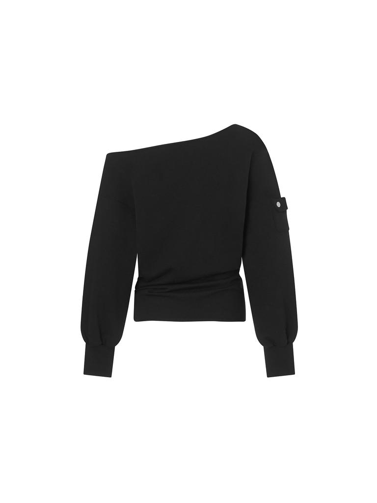 Iyussiti Pocket Off-Shoulder Sweatshirt Long Sleeve - Black