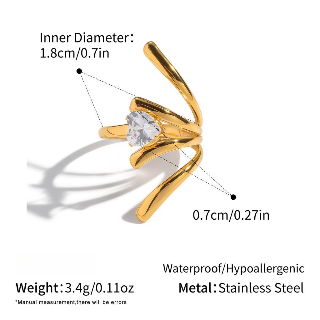 Yori Geometric Line Design Cubic Zircon Ring Stainless Steel Rust Proof Office Ladies Chic Waterproof Jewelry New Gift Recommend