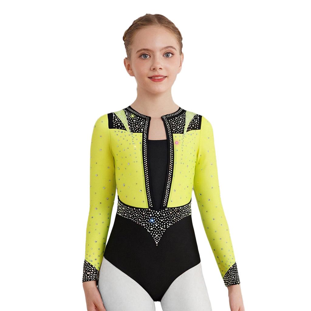 Dívčí pódiový kostým - Kamínkový leotard s dlouhým rukávem a klíčovou dírkou na zádech pro krasobruslení a gymnastiku