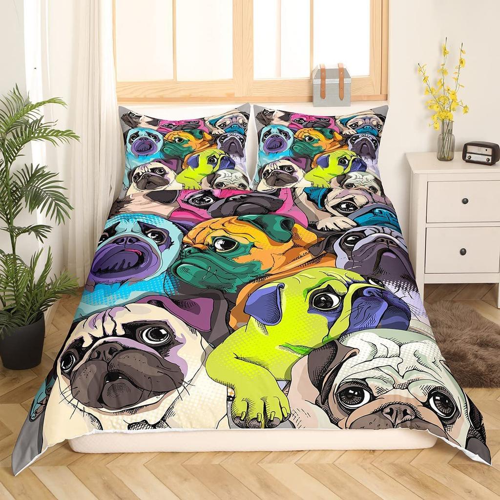 Colorful Cute French Dog Three-Piece Quilt Cover 3D Digital Printing Bedding Set Bed Cover