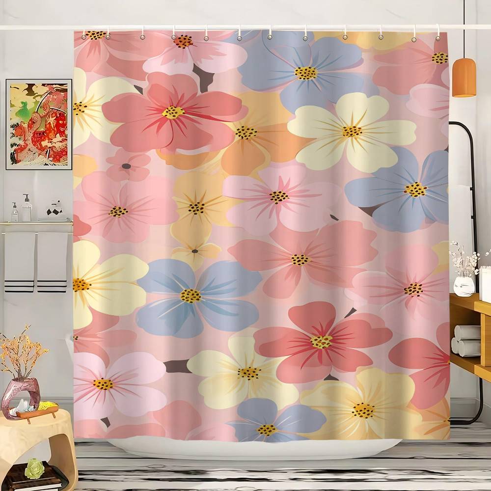 

Simple Cartoon Flower Shower Curtain Bath Curtain Print Polyester Fabric Waterproof Bathroom Curtains With Hooks Bath Screen 90x180 cm