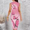 Women Plus Size Crew Neck Sleeveless Midi Dress Pink Glitter Sparkling Butterfly Print Bodycon Dress