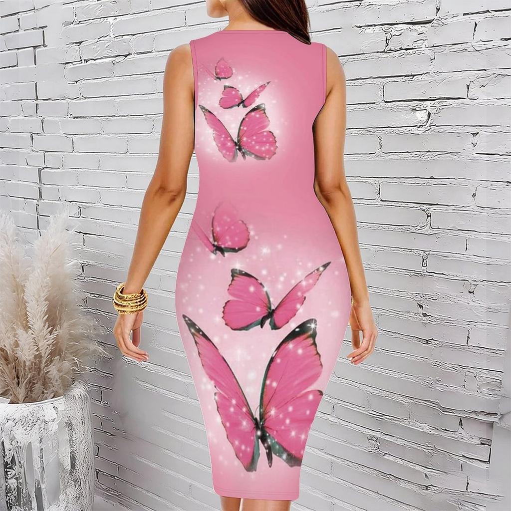 Women Plus Size Crew Neck Sleeveless Midi Dress Pink Glitter Sparkling Butterfly Print Bodycon Dress