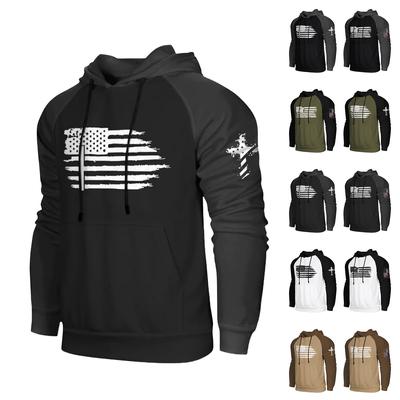 Moletom masculino casual com capuz e cordão, estampa de bandeira longa, com bolsos