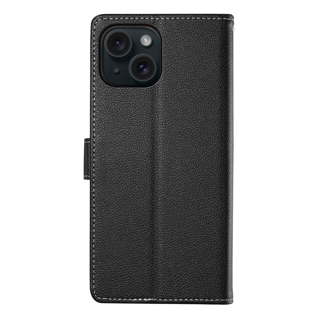 DF-012 For iPhone 15 Case Litchi Texture Leather Magnetic Clasp Wallet Stand Phone Cover