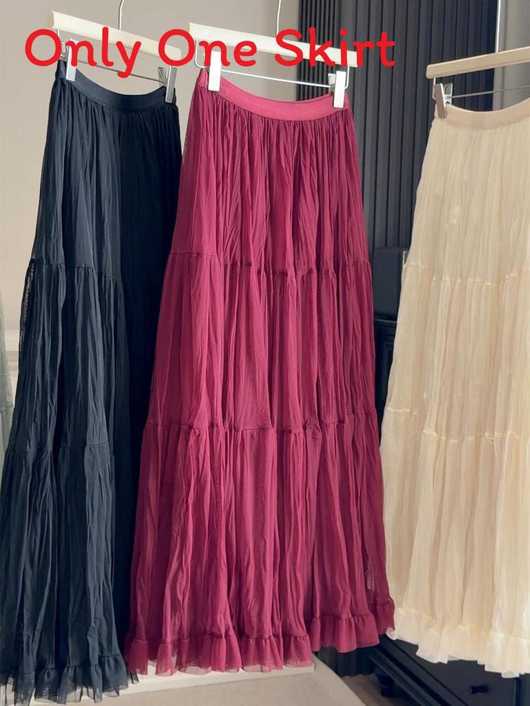 Pure Color Mesh Panel Long Skirt With Pleats For Casual Womens Fashion