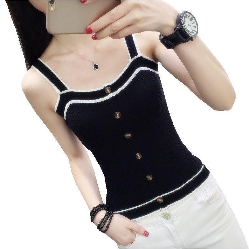 Korean Style Women s Black Knit Camisole - Versatile, Tight-Fitting Summer Tank Top M [70-90 kg]