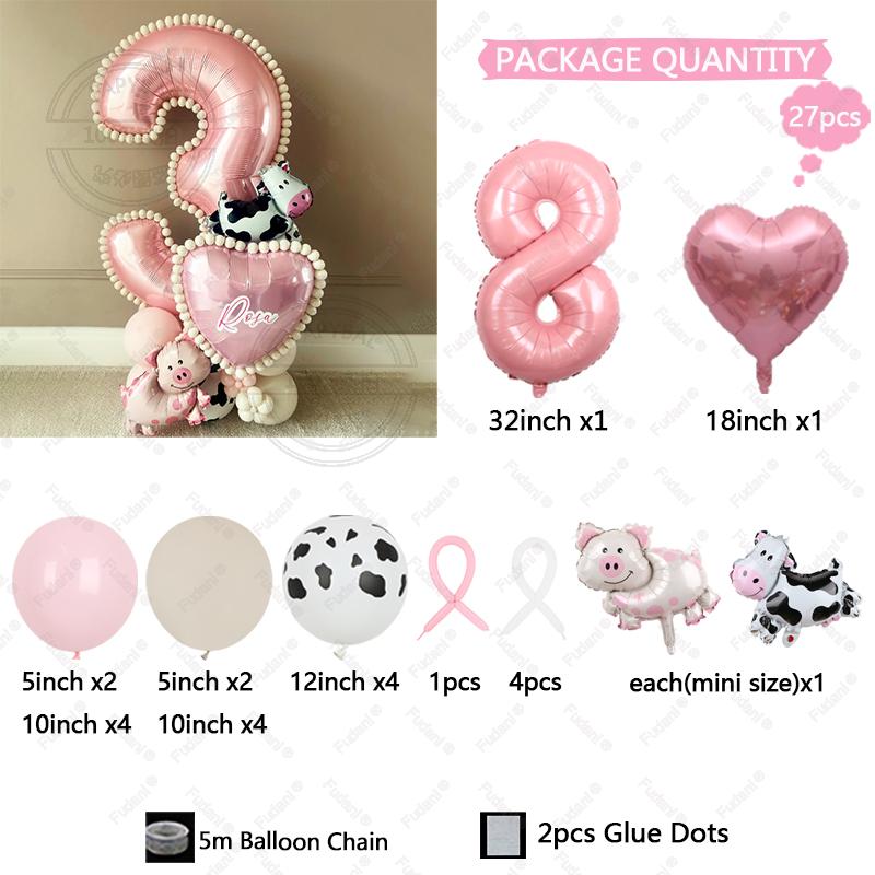 27 szt. Mini Balony Krowa Świnia Różowy Numer Balon Urodzinowy Zestaw Dekoracja Imprezy Tematycznej Zwierzątka Kreskówkowe Artykuły na Festiwal Dziecięcy