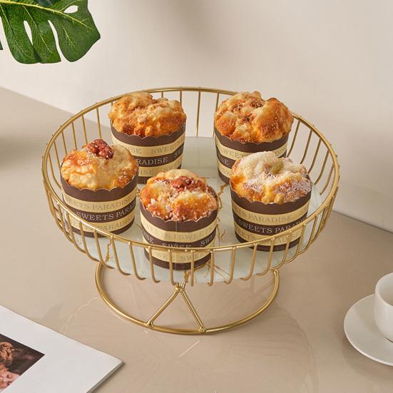 Yousheng Metal Wire Fruit Basket Round Mesh Fruit Bowl with Marble Texture Tray Modern Decorative Bread Snacks Serving Bowl for Kitchen Countertop
