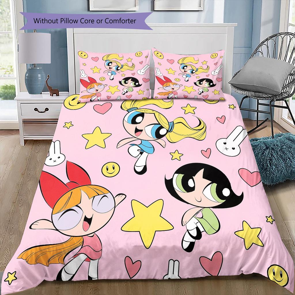 Růžové povlečení Powerpuff Girls, 1 povlak na přikrývku & 2 povlaky na polštář, Styl Sweet Home, Ideální dárek pro fanoušky
