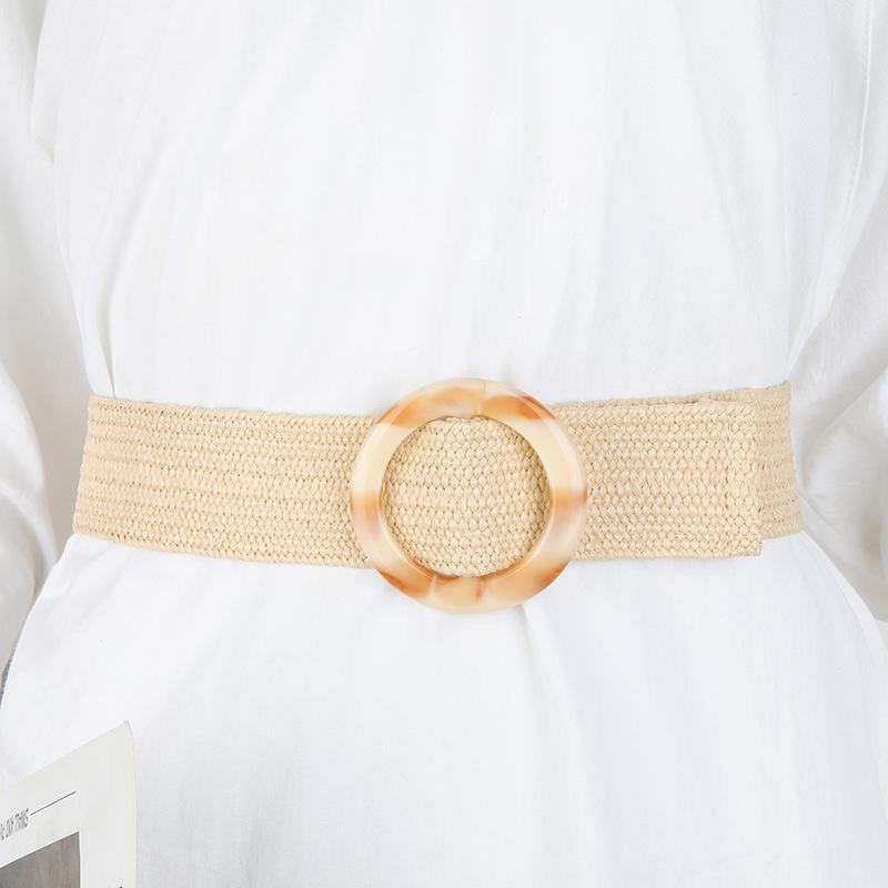 

Small Fresh and Fashionable Elastic PP Grass Textile Wide Belt Boho Round Buckle Decorative Dress Belt for Women