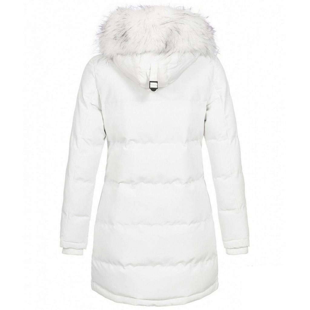 Parka Caldo Invernale da Donna a Maniche Lunghe con Cappuccio e Zip, Colore Solido, Lunghezza Media, in Cotone