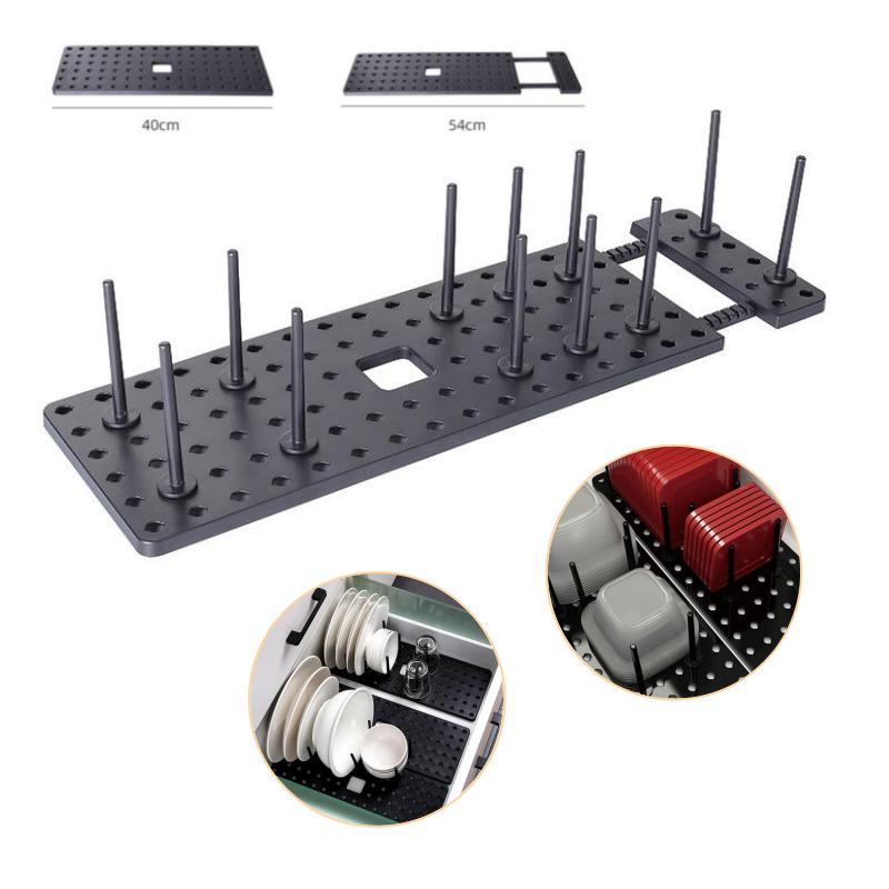 Organizador de gavetas, prateleira de armazenamento expansível para cozinha, placa de grampos com fundo antiderrapante e 12 pinos, placa de armazenamento de placas telescópicas