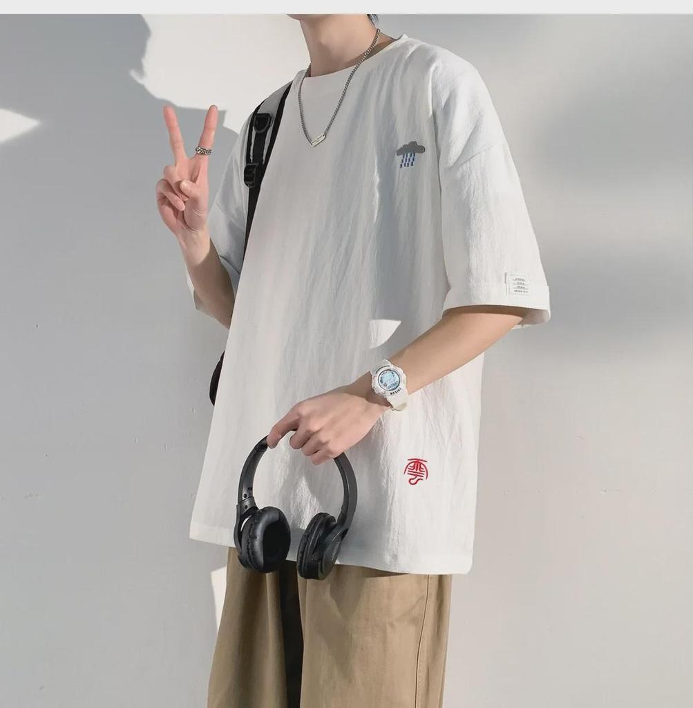 Men's Summer Cotton-Linen Short-Sleeve Chinese Style Embroidered Casual T-Shirt