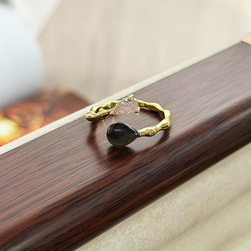 Maillard Imitation Tiger'S Eye Stone Inlaid Zir*****Pen Ring, Female Irregular Temperament Simple Retro Personality Stacked Ring