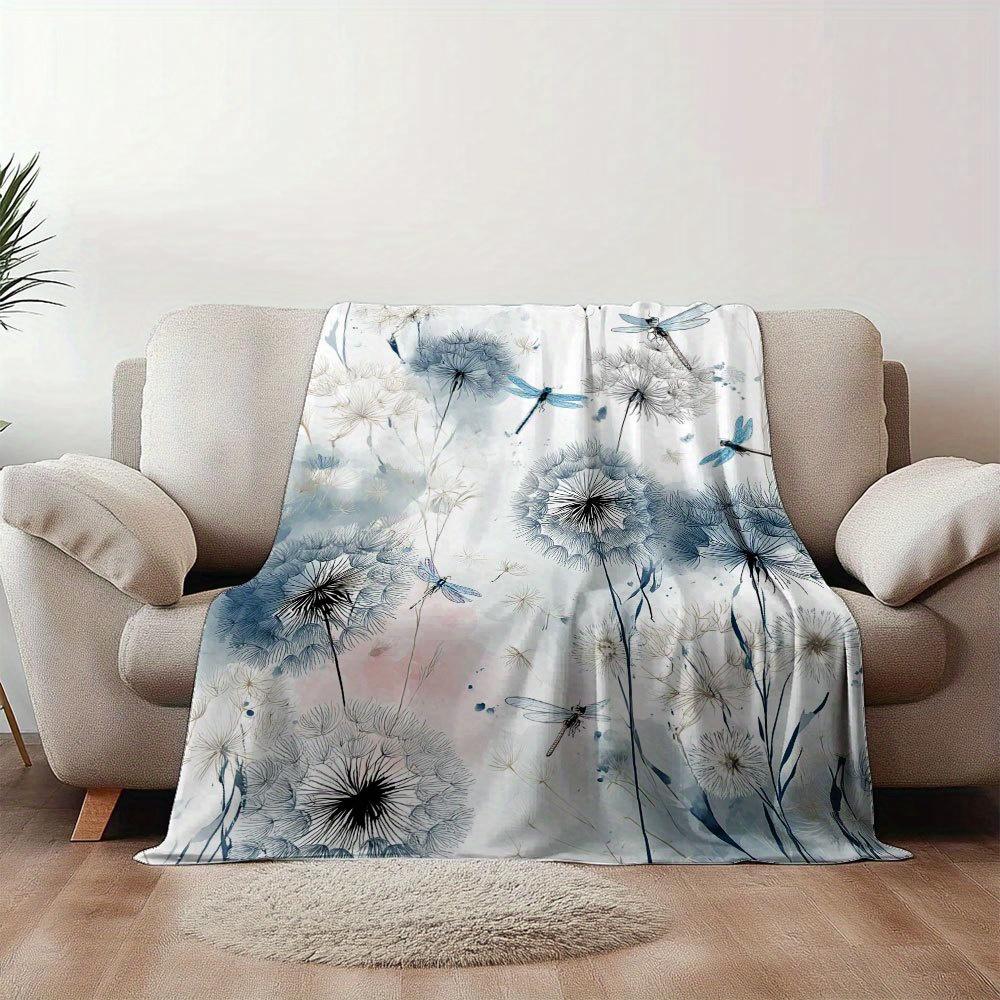 Vintage Dragonfly Dandelion 2D Flat Flannel Blanket, Ultra-Soft All-Season Bedspread with Artistic Plant Pattern Home Decor