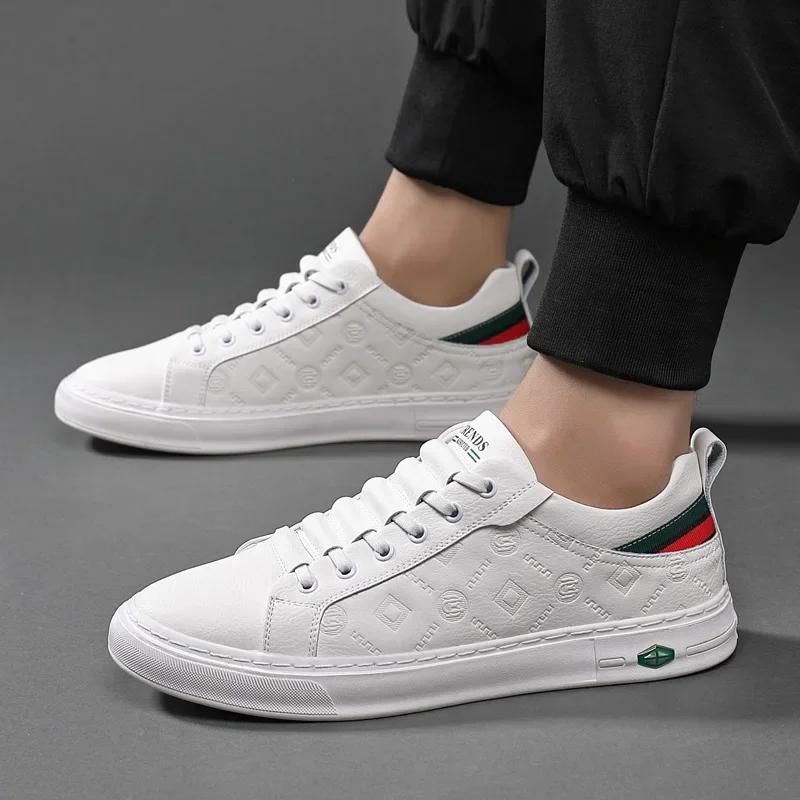 New Shoes for Men Genuine Leather Casual Shoes Street Trend White Flat Skateboard Shoes Man Cow Leather Lace-up Sneakers