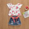 Kids Girls Two-Piece Outfits, Short Sleeve Flower Pattern Tops + Ripped Short Trousers