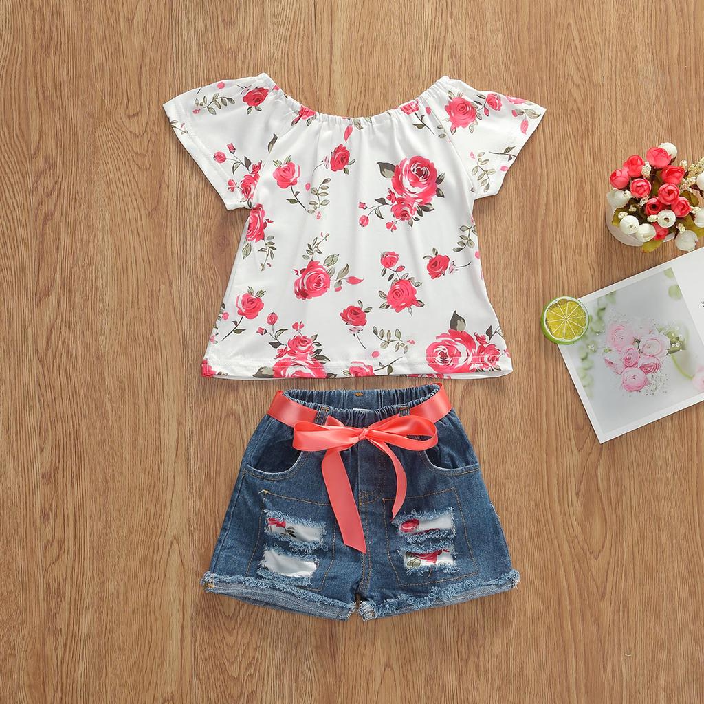 Kids Girls Two-Piece Outfits, Short Sleeve Flower Pattern Tops + Ripped Short Trousers