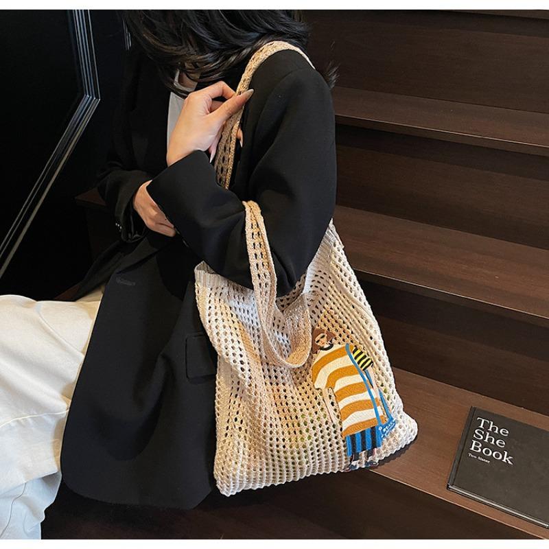 Fashion tote big bag spring new woven hollow mesh pocket casual cartoon fresh shoulder bag bag