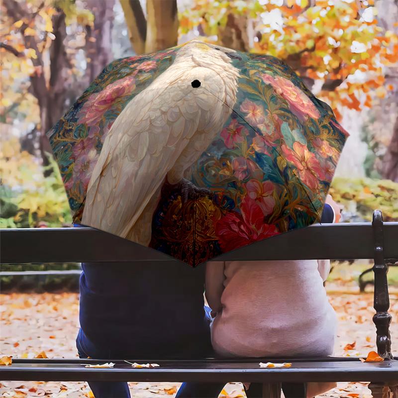 Flower Parrot Pattern, Automatic Folding Umbrella, Portable and Foldable Design, 8 Ribs, a Christmas or Birthday Gift.