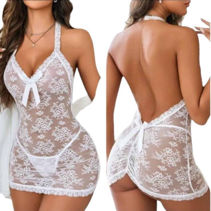 Plus Size Sexy Lace Backless Halter Nightgown Set