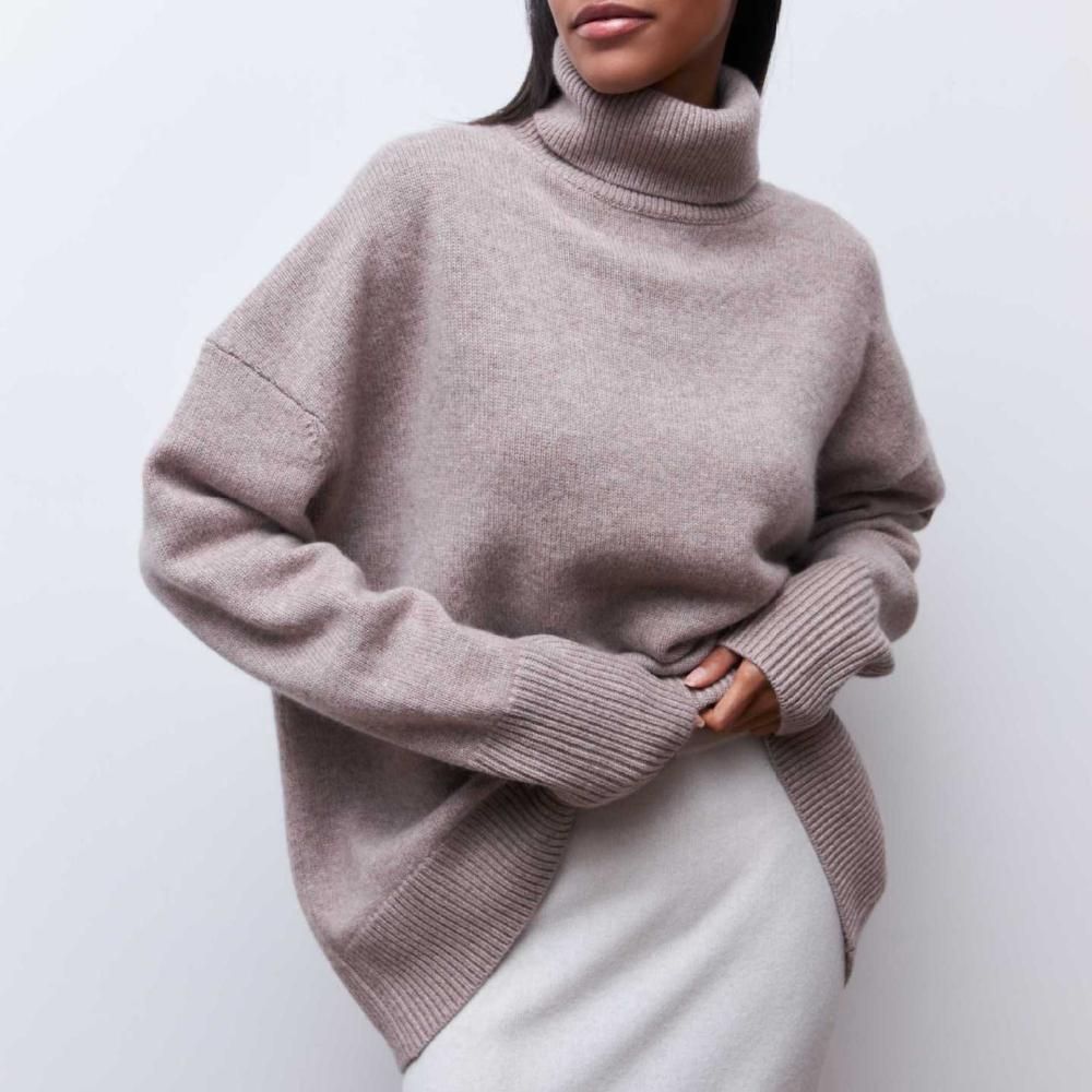 IHUASU Women's Fashion Casual Solid Colour Autumn and Winter Long Sleeve High Neck Loose Sweater