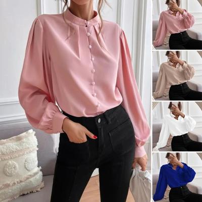 Camisa feminina gola alta lanterna manga comprida abotoamento simples cor sólida ajuste solto camisa casual