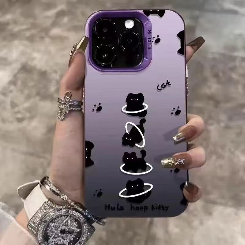 

Black Cat Hula Hoop Phone Case for iPhone 17 16 15 14 Plus 13 12 11 Pro Max Cute Pattern TPU Fashion Protective Cover For iPhone 11 фіолетовий