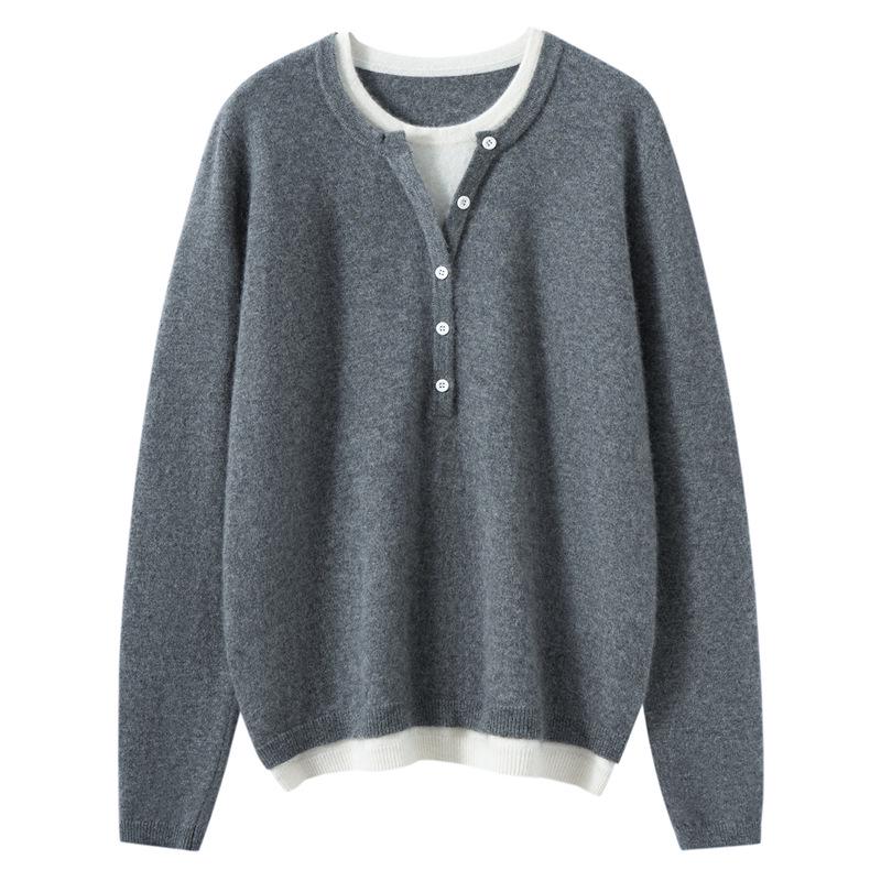 2025 Winter Women's Faux Two-Piece Cashmere Half-Open Neck Slimming Pullover Sweater