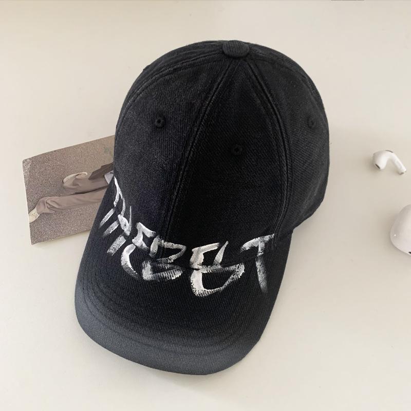 American retro washed distressed letter baseball cap for women with wide brim, suitable for large head sizes, makes the face look smaller, soft top