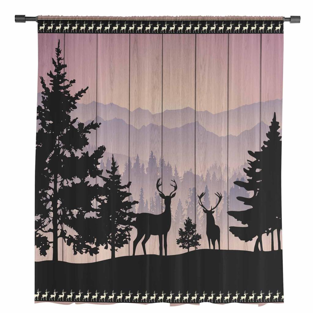 Hölzerne Waldsilhouette Hirsch Tier Sonnenuntergang Transparente Vorhänge für Wohnzimmerdekor Fenstervorhänge Küche Tüll Voile Vorhänge