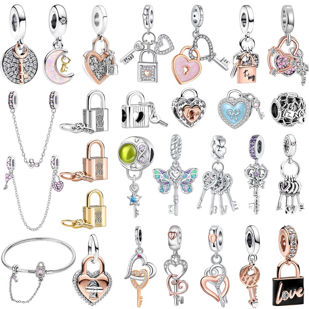 Authentic Copper LockandKey Beads Lucky Heart Shaped Key Charms Pendants Fit Bracelet Handmade Fine Jewellery Gift