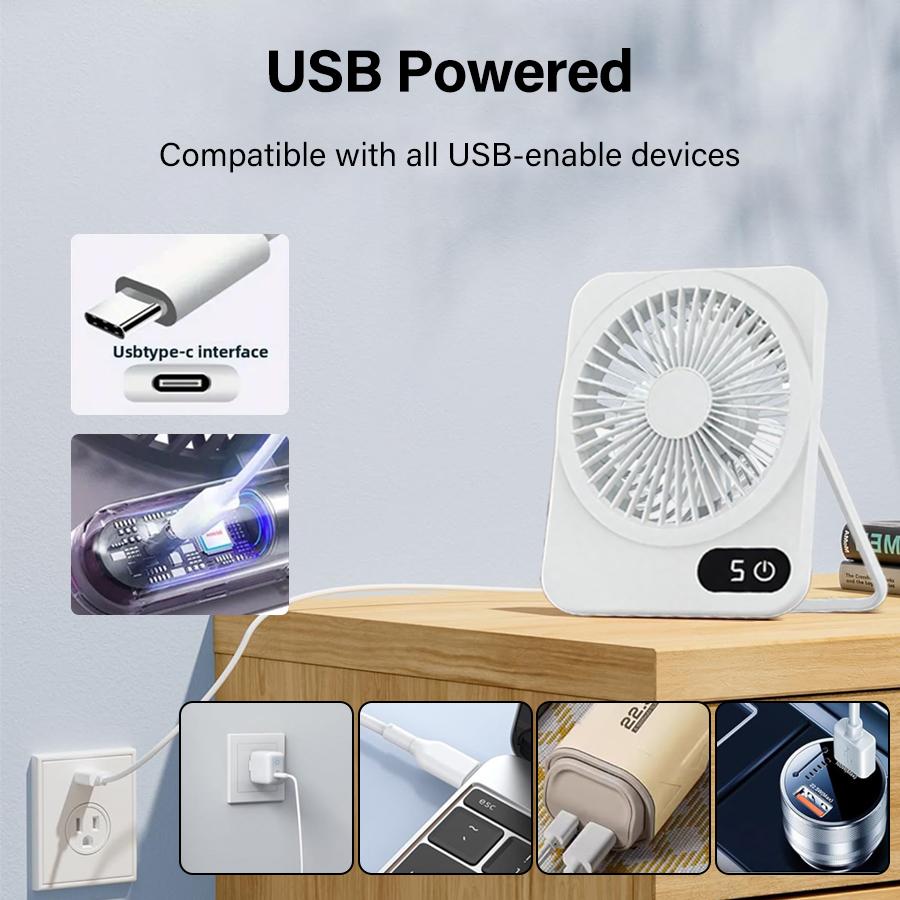Portable Fan Rechargeable Standing or Hanging Electric Fan Desktop Stand Fan Five Wind Speed Adjustment Smart Display for Travel