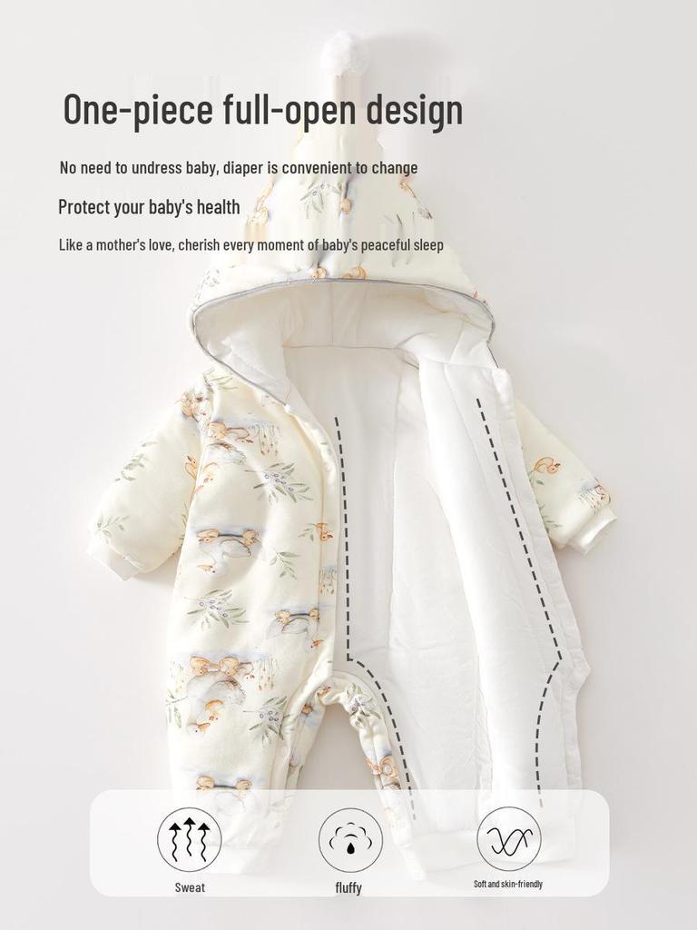 Winter Baby Romper: Thick Hooded Cotton Suit for Newborns, Ideal for Outings & Crawling