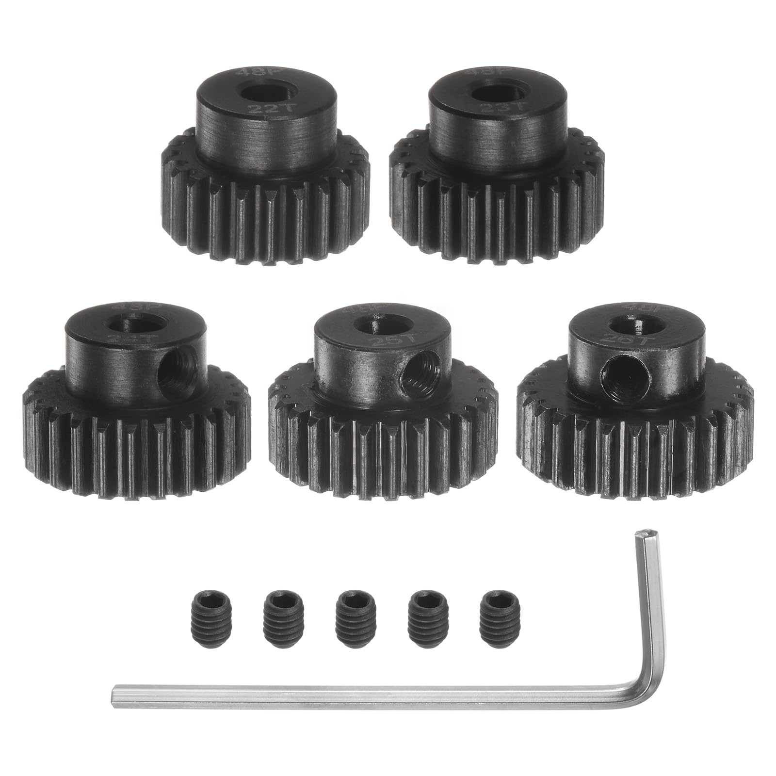 

uxcell 48P Pinion Gear Set, 3.175mm (18 ) Shaft, 22T, 23T, 24T, 25T, 26T, Motor Gear, Hardened Steel Spur Pinion Gear with Step for RC Car (Set of 5)