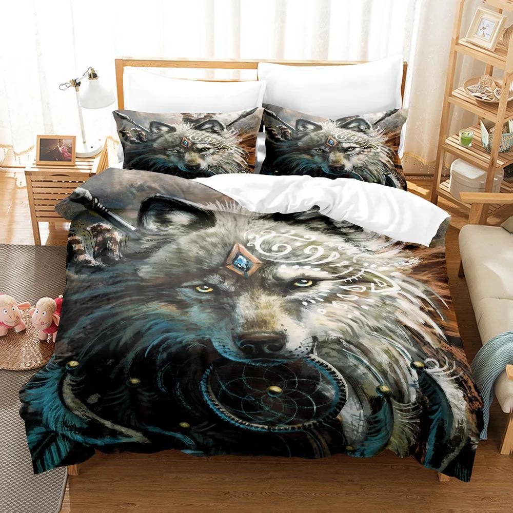 Boys Wolf Duvet Cover Set Queen Size, Boho Wolf Wildlife Animal Bedding Set Men Galaxy Dream Catcher Moon Polyester Quilt Cover