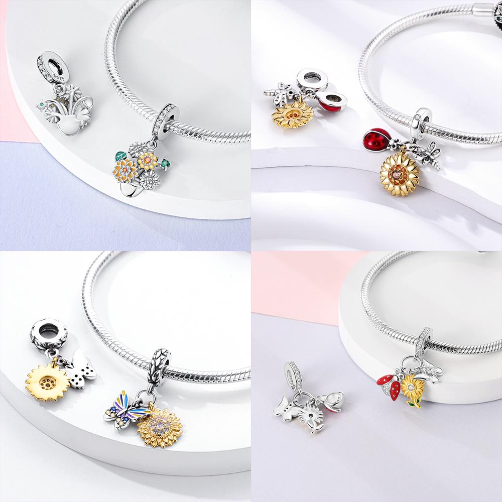 925 Silver Heart Golden Sunflower Charms Flower Pendants Fit 925 Bracelet Necklace Women DIY Party Jewelry Fine Gift