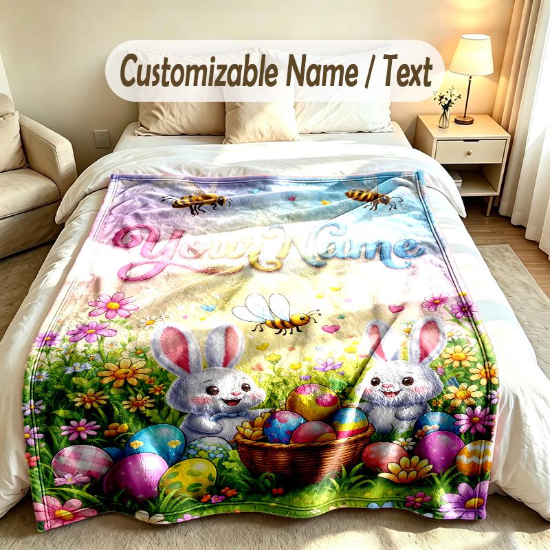 Easter Bunny Theme Soft Blanket Personalized Custom Name Text Print Warm Blanket Home Sofa Bedroom Decor