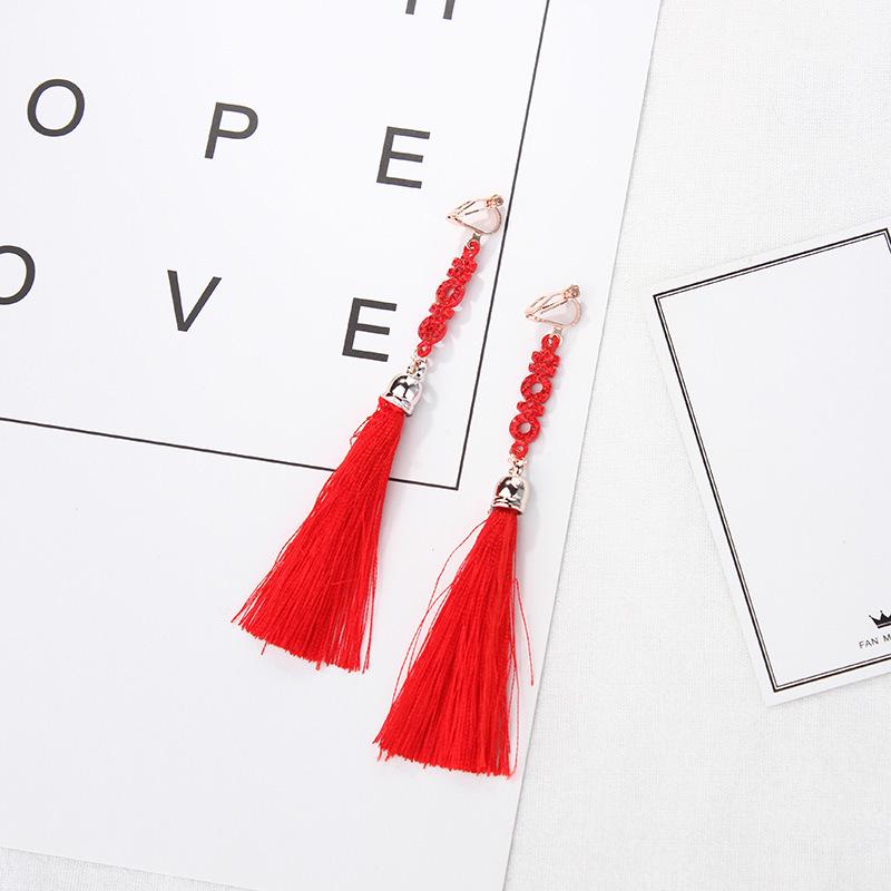 Hanfu-Inspired Red Tassel Clip-On Earrings with Chinese Knot Design