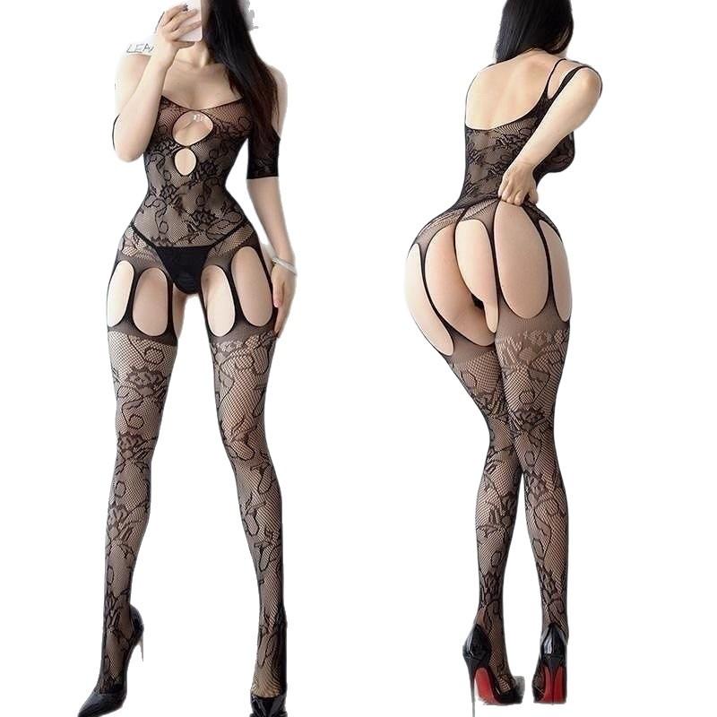 Large Size Erotic Underwear Sexy Mesh Suit One-piece Transparent Hollow Hand-torn Uniform Temptation Right-fitting Free Stockings