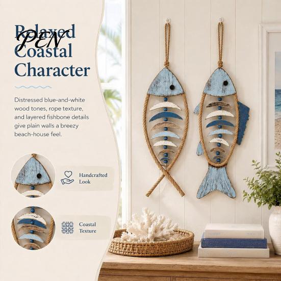 Wear Resistant Courtyard Pendant Wooden Fish Wall Hanging With/Without LED Light, Nautical Decor, Coastal Theme Fishbone Durable Fine Craftsmanship