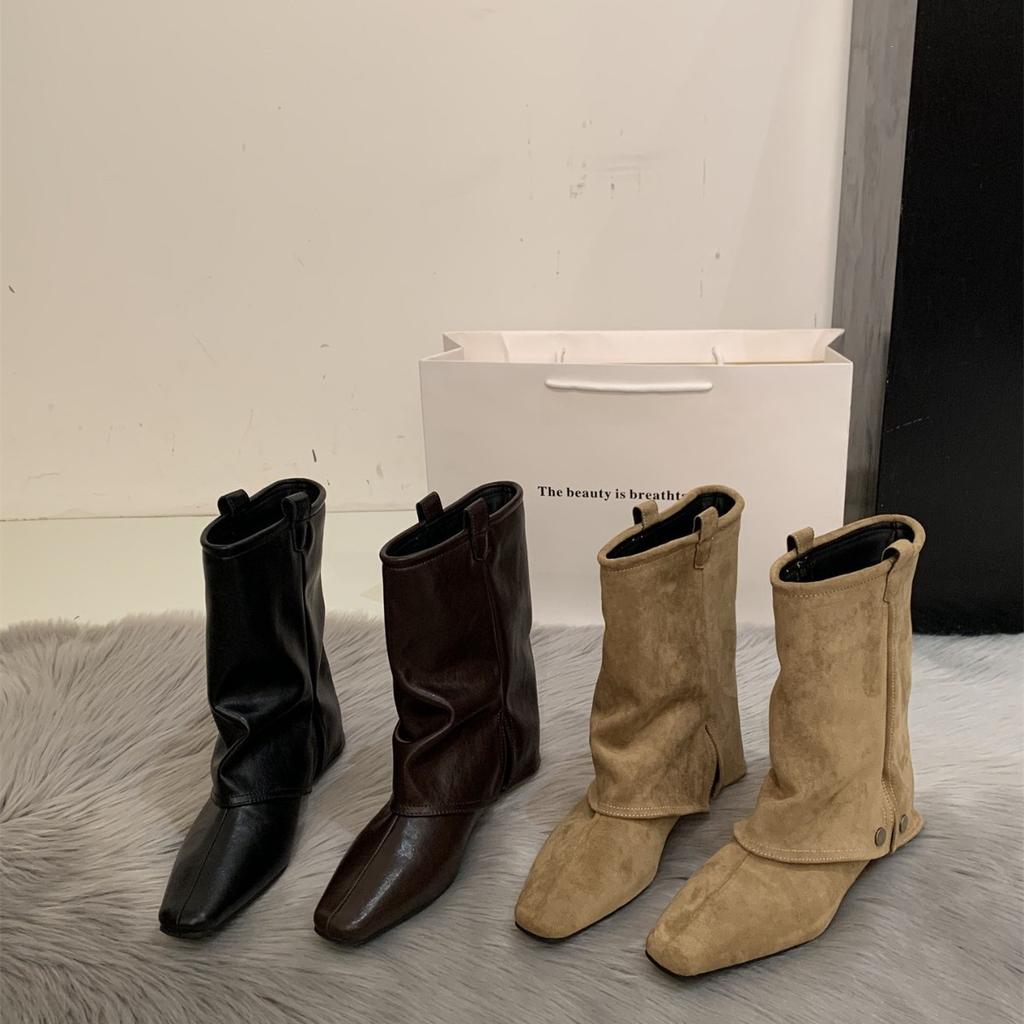 Retro Wasteland Wind Western Cowboy Boots Women's Autumn and Winter New Square Head Pants Boots Thick Heel Skinny Pile Short Boots