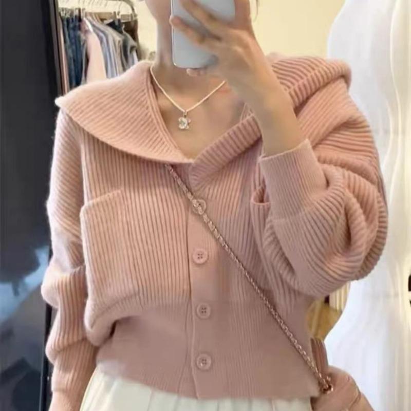 

Нежный мягкий восковой кардиган-свитер с капюшоном розовое пальто женский осенне-зимний короткий вязаный свитер нишевого дизайна с длинным рукавом One Size розовый