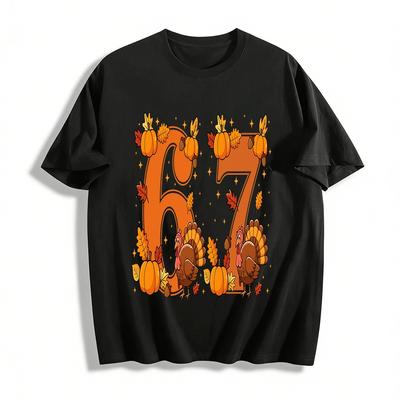 Thanksgiving Themed Number 67 Turkey Pumpkin Print Casual Top Pure Cotton T-shirt