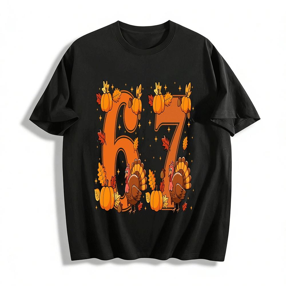 Thanksgiving Themed Number 67 Turkey Pumpkin Print Casual Top Pure cotton T-shirt XXS