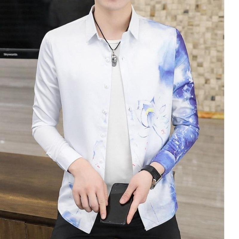 Men's Ink Wash Print Long Sleeve Button Down Shirt Casual Streetwear Top