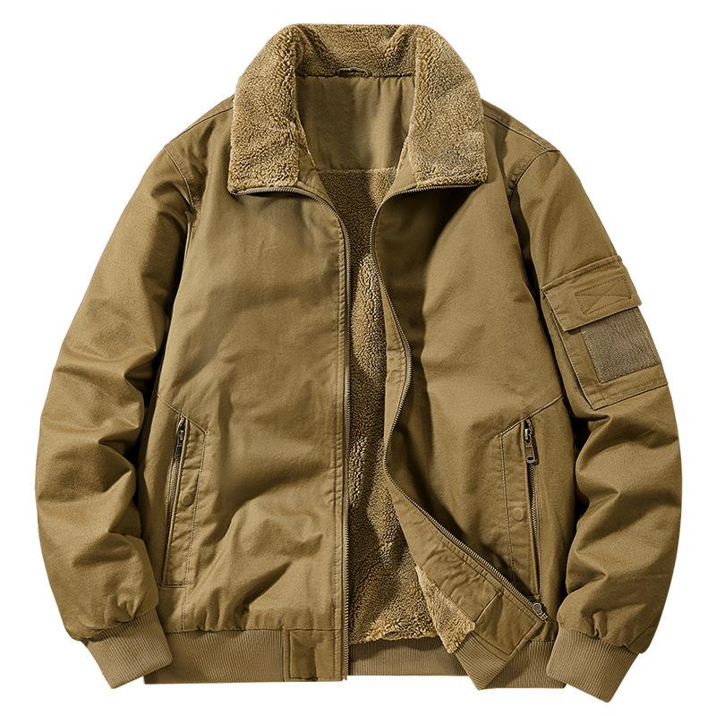 2025 Men's Double-Sided Washed Cotton Flight Jacket with Lambswool for Autumn/Winter